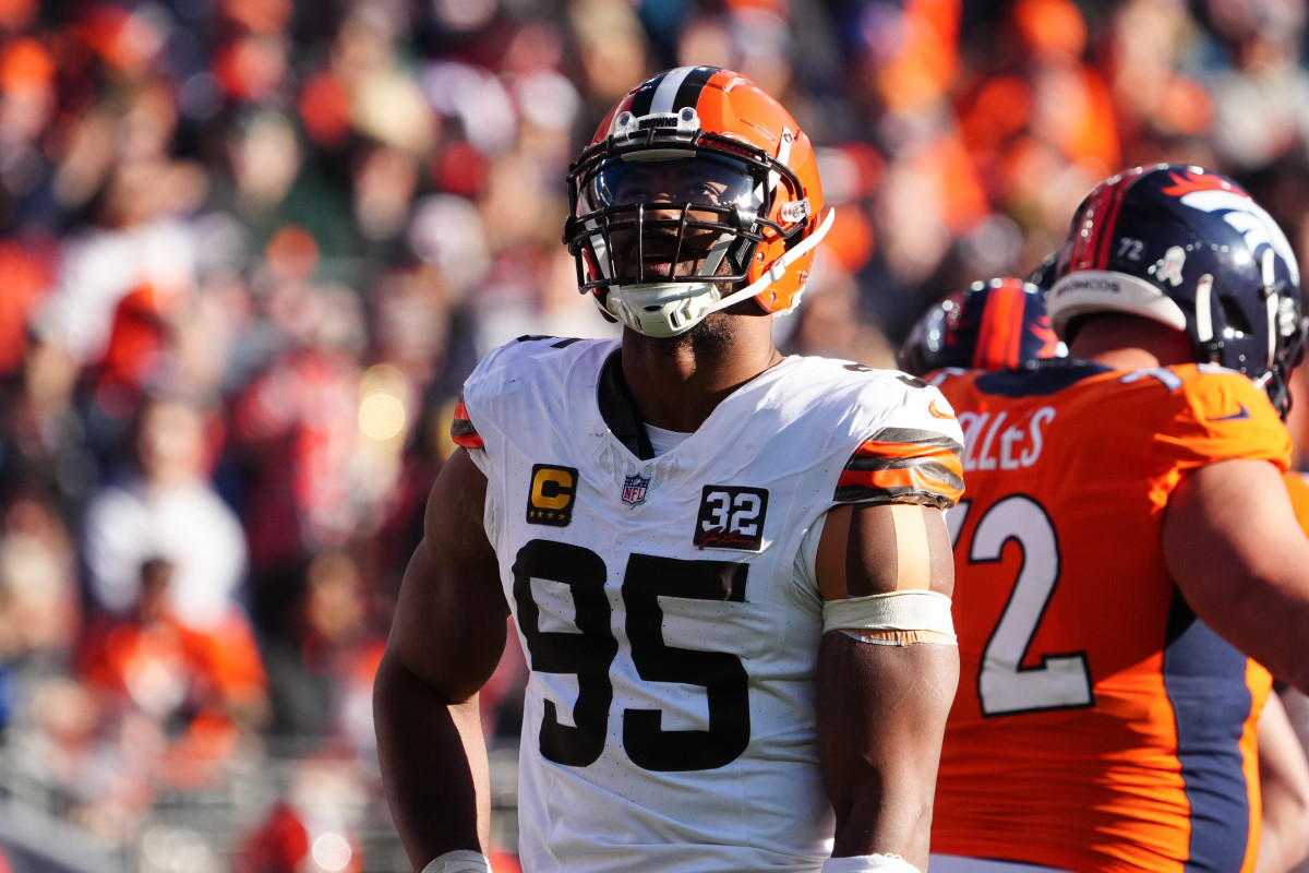 Nov 26, 2023; Denver, Colorado, USA; Cleveland Browns defensive end Myles Garrett (95) during a video review in the first quarter against the Denver Broncos at Empower Field at Mile High.
